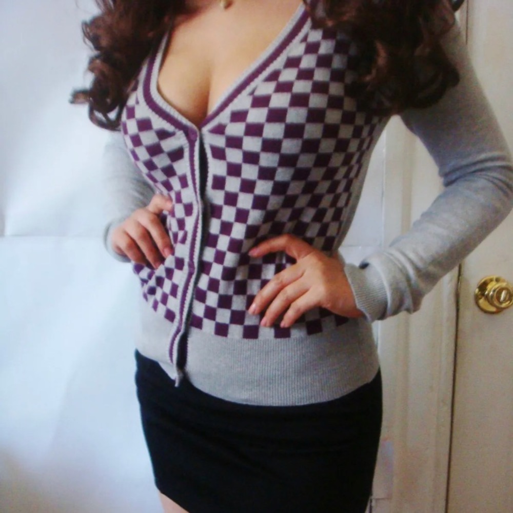 Heritage gray/burgundy checked long slv cardigan S